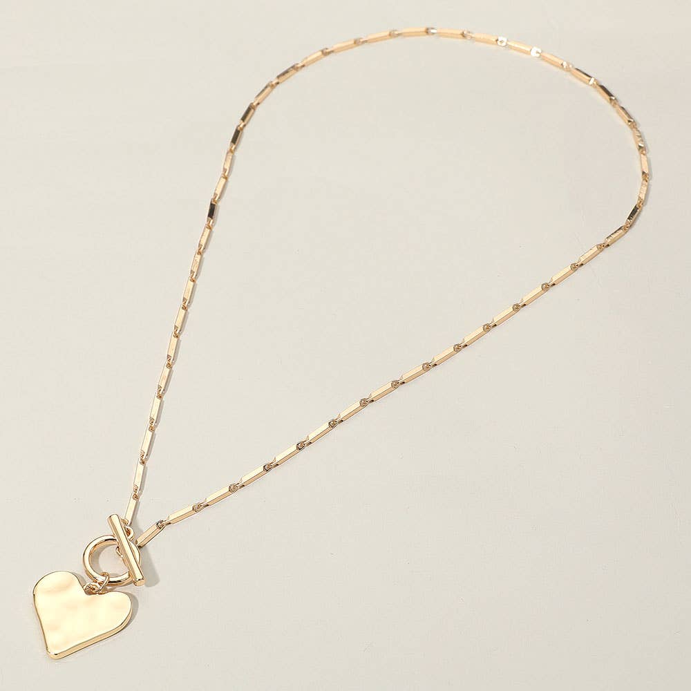 Hammered Metal Heart Pendant Toggle Necklace: Gold