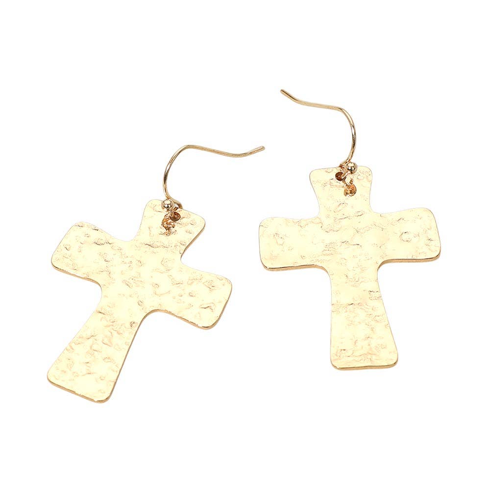 Hammered Metal Cross Charm Drop Earrings: Gold