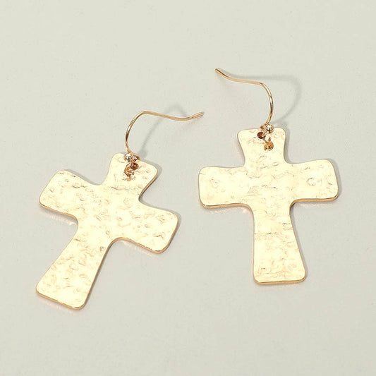 Hammered Metal Cross Charm Drop Earrings: Gold
