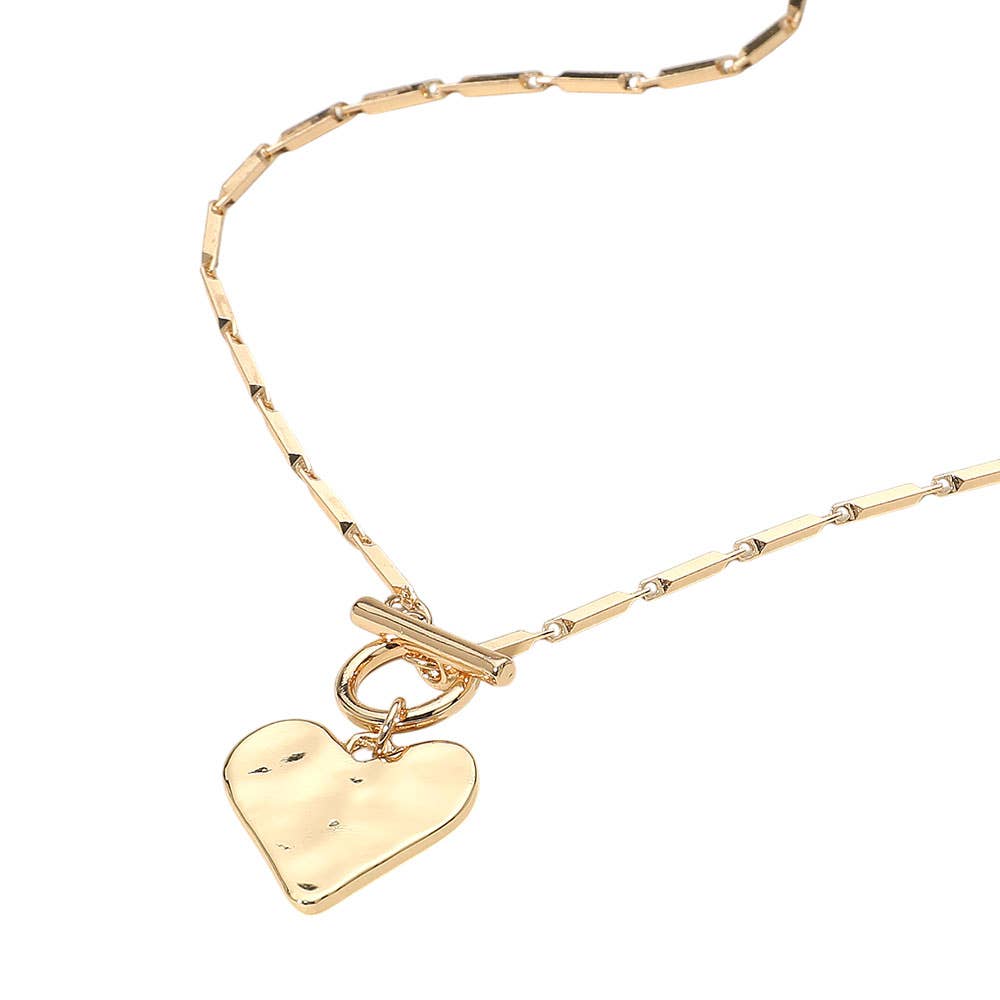 Hammered Metal Heart Pendant Toggle Necklace: Gold