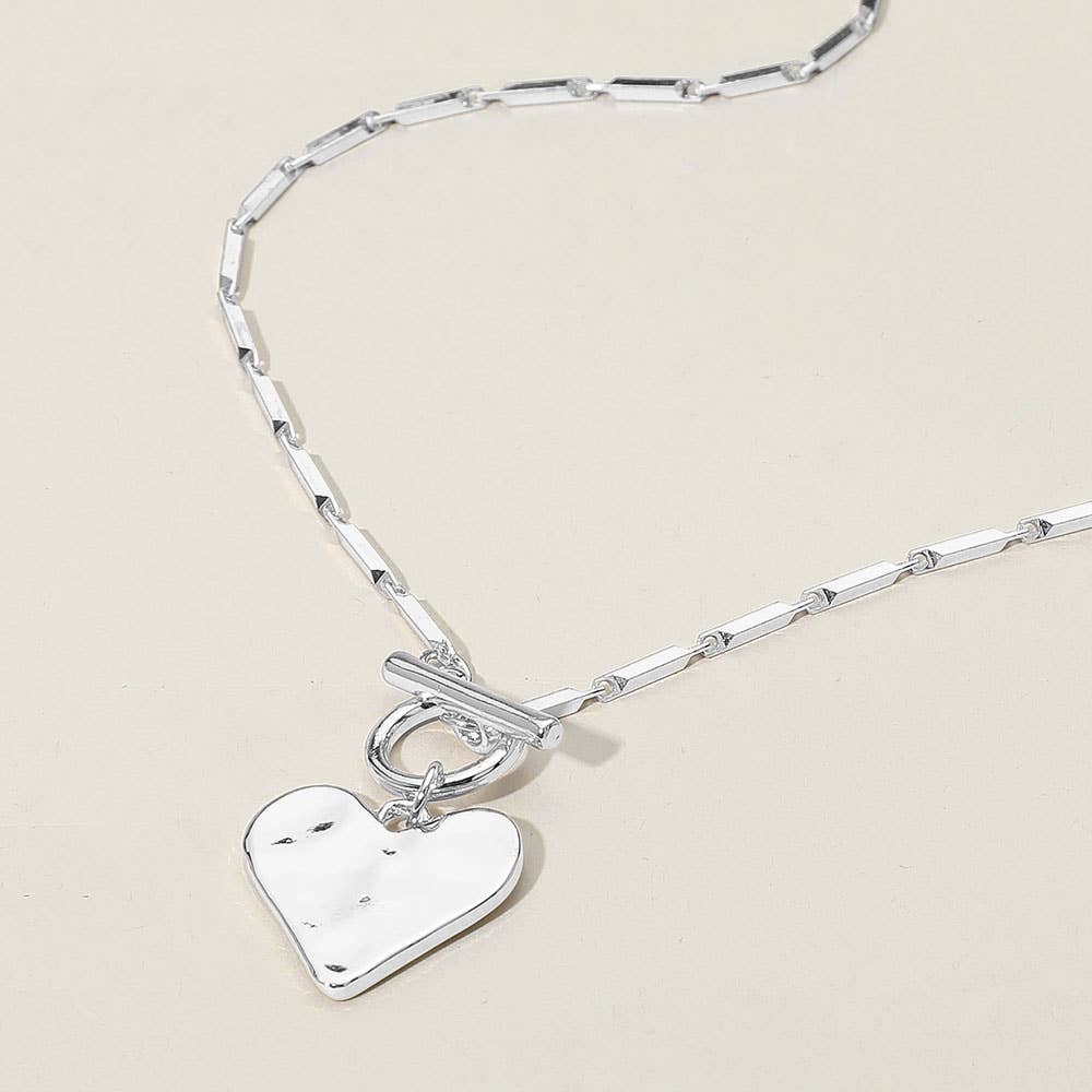 Hammered Metal Heart Pendant Toggle Necklace: Rhodium