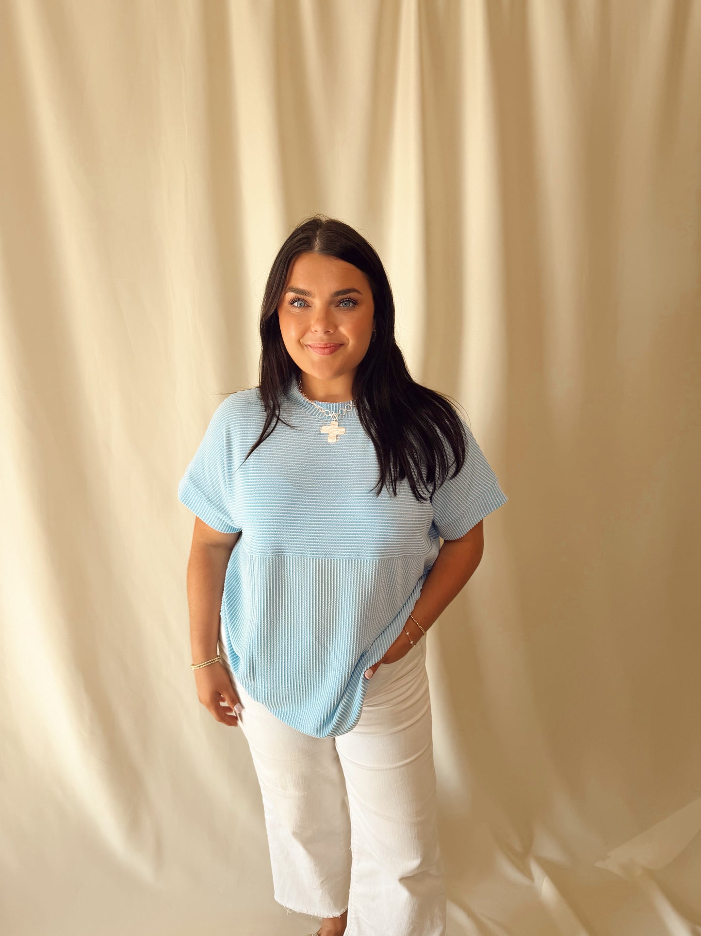 Cozy Mock Neck Corded Knit T-Shirt