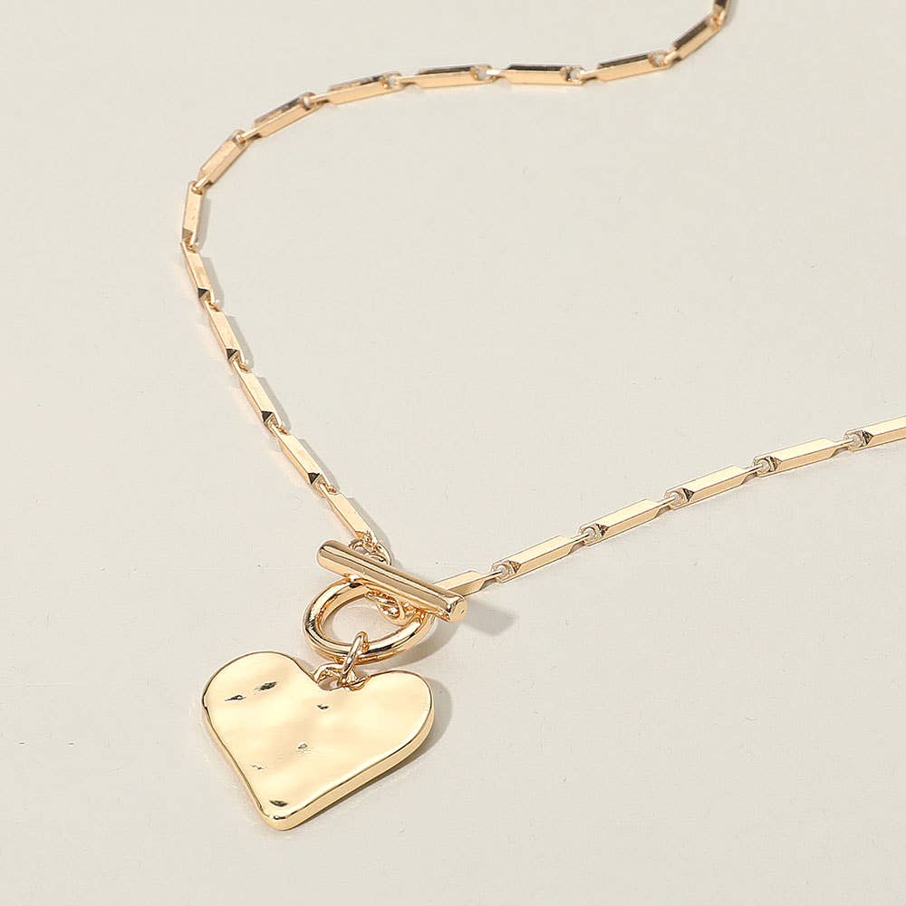 Hammered Metal Heart Pendant Toggle Necklace: Gold