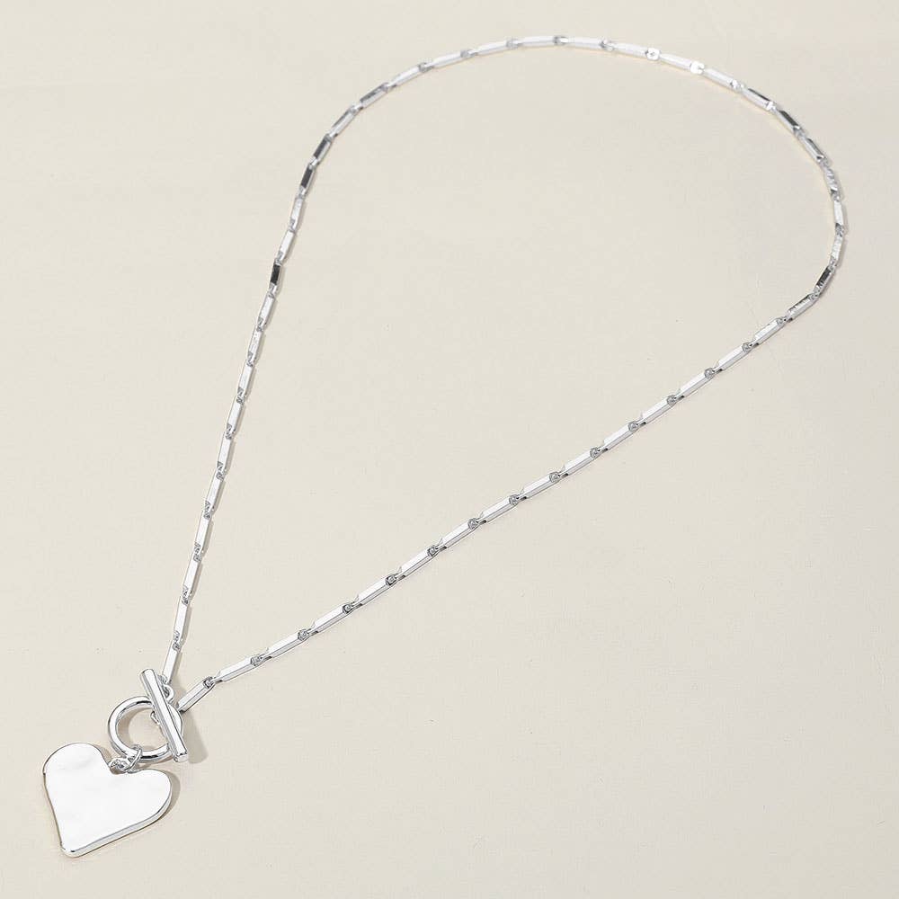 Hammered Metal Heart Pendant Toggle Necklace: Rhodium